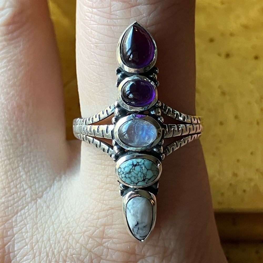 Multi Gemstone Sterling Silver Statement Ring Size 9